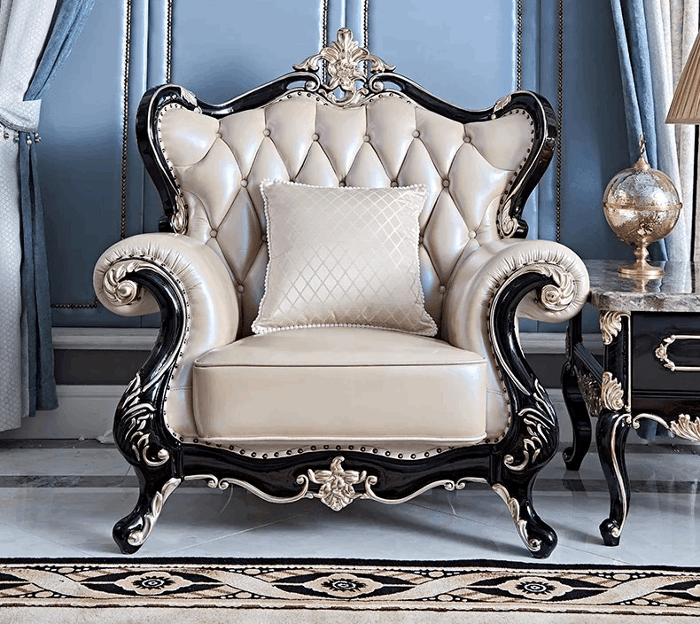 Luxury European Living Room Sofa Sets Royal Quilted Cream & Black Wood Lounge Furniture - Le Joyau Store - - Single Seater