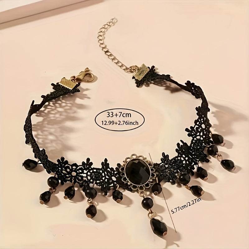 Antique Victorian Gothic Style Black Lace Choker Necklace with Black Gemstones - Le Joyau Store - Black Lace,Elegant,Gothic,Synthetic Gem,Tassel -
