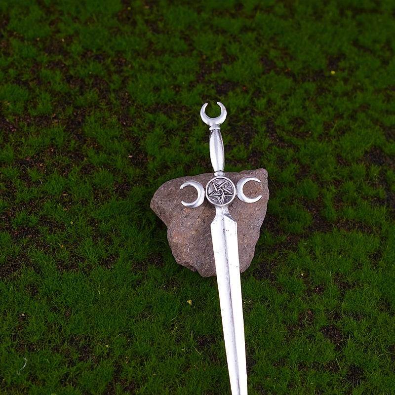 Vintage Triple Moon Goddess Witches Star & Moon Sword Antique Hairpin - Le Joyau Store - gothic,hairpin,metal,vintage,witch -