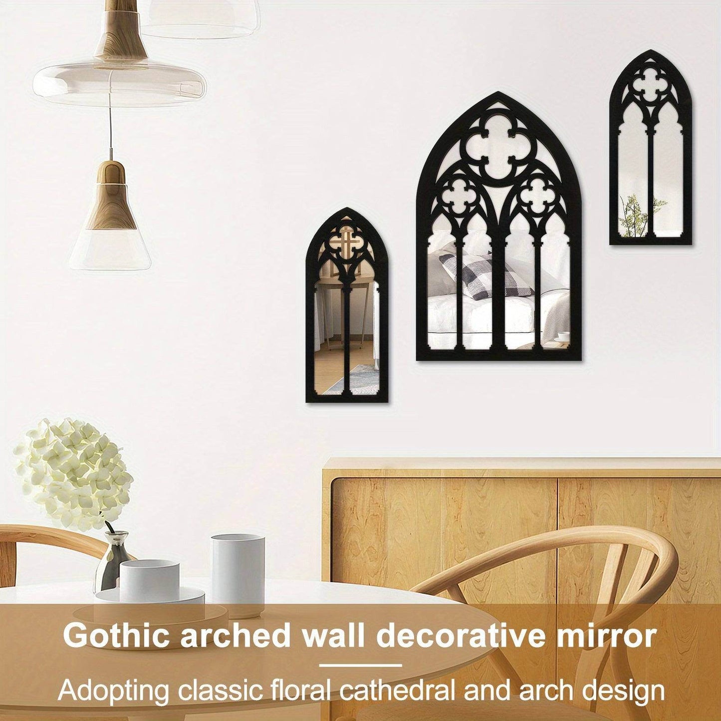 Gothic Black Vintage Victorian Cathedral Arch Frame Wall Decor Mirrors (3 Pcs) - Le Joyau Store - Gothic,Mirror,Vintage,Wooden -