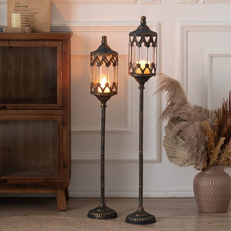 Elegant Vintage Antique Bronze Metal Floral Glass Lamppost Candle Holders (Set of 2) - Le Joyau Store - elegant,festive,glass,metal,wedding -