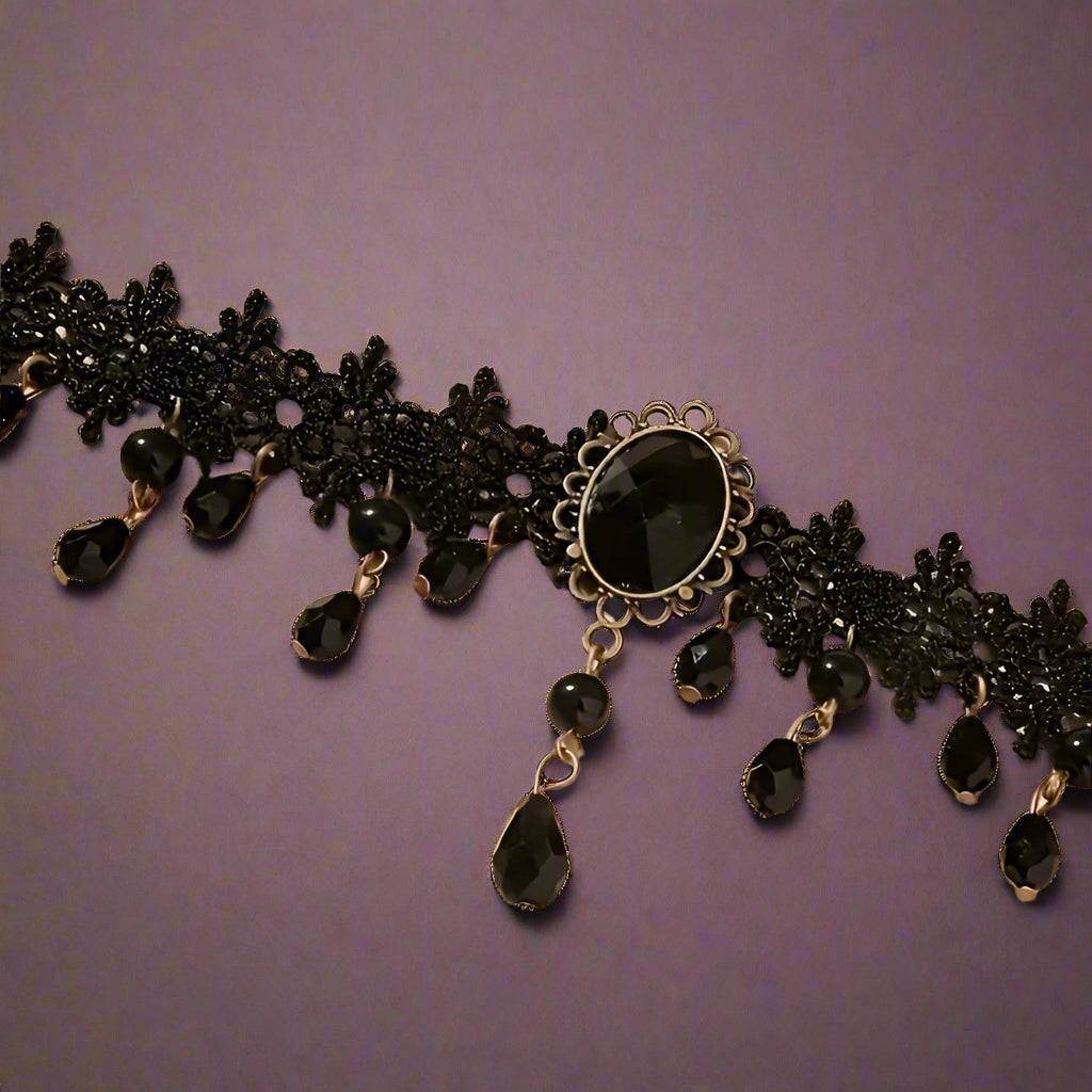 Antique Victorian Gothic Style Black Lace Choker Necklace with Black Gemstones - Le Joyau Store - Black Lace,Elegant,Gothic,Synthetic Gem,Tassel -