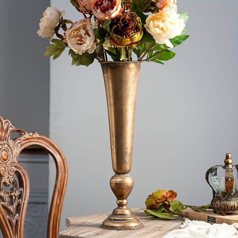 Vintage Antique Gold Metal Classic Hurricane Flower Vase - Le Joyau Store - cylinder,elegant,golden,hurricane,metal -