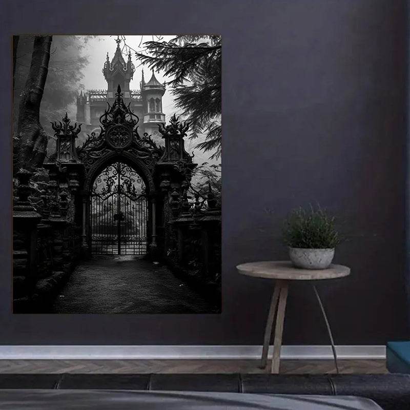 Gothic Castle Gate Victorian Black & White Wooden Canvas Art Print - Le Joyau Store - Canvas Art,Gift,Gothic,Home,Wood Frame - Framed 08×12inch/20.32×30.48cm-1 pc