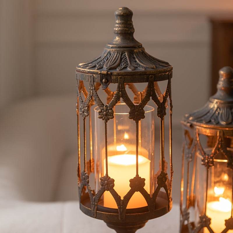 Elegant Vintage Antique Bronze Metal Floral Glass Lamppost Candle Holders (Set of 2) - Le Joyau Store - elegant,festive,glass,metal,wedding -