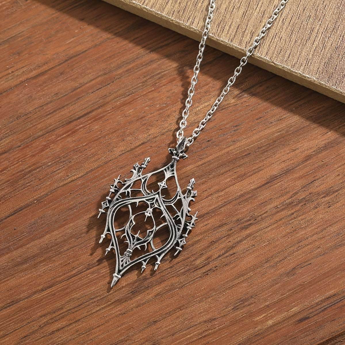 Vintage Gothic Cathedral Arch Window Hollow Carved Silver Necklace - Le Joyau Store - Gothic,Hollow,Pendant,Silver,Vintage -