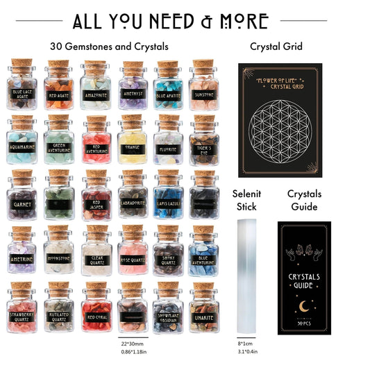 Witchcraft Altar Crystal Set - 30 Glass Crystals in Bottles for Wiccan Rituals, Spell Casting & Spiritual Healing - Le Joyau Store - Alchemy,Craft,Mini,Wiccan,witches -