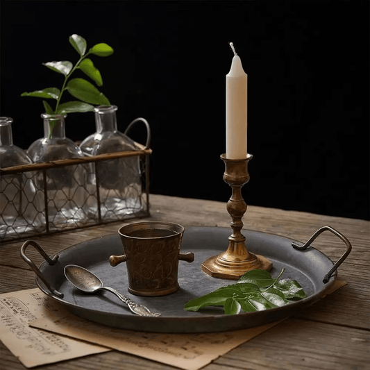 Vintage Rustic Iron Bread & Snack Tray with Handles Farmhouse Kitchen Decor & Photography Prop - Le Joyau Store - antique,decor,handles,metal tray,vintage - 20cm