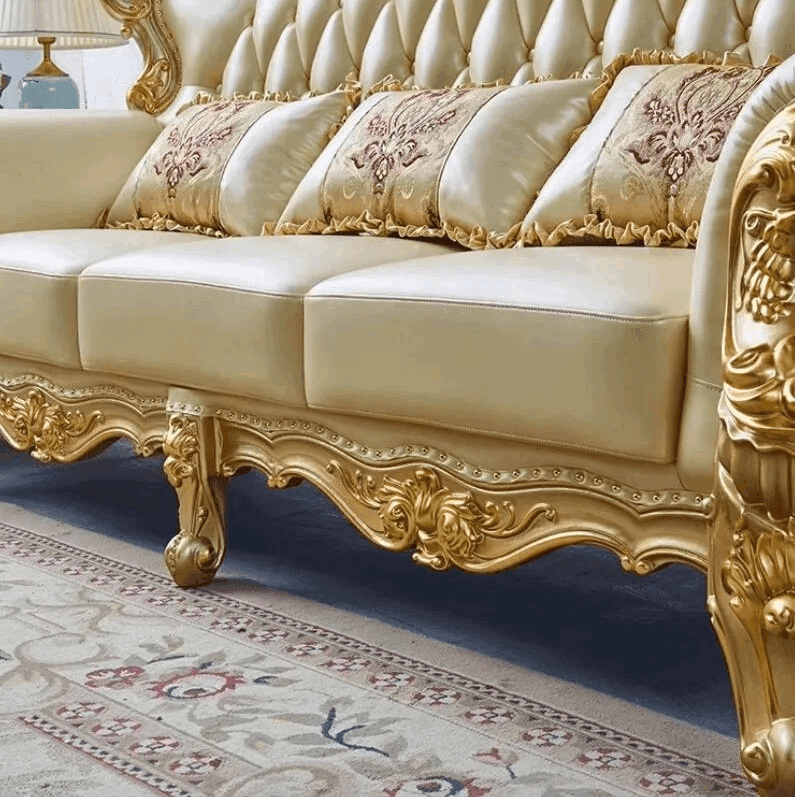 Royal European Cream Quilted Leather & Gilded Wooden Golden Living Room Sofa Set - Le Joyau Store - designer,golden,Nordic,reclining,wood - Single Seat