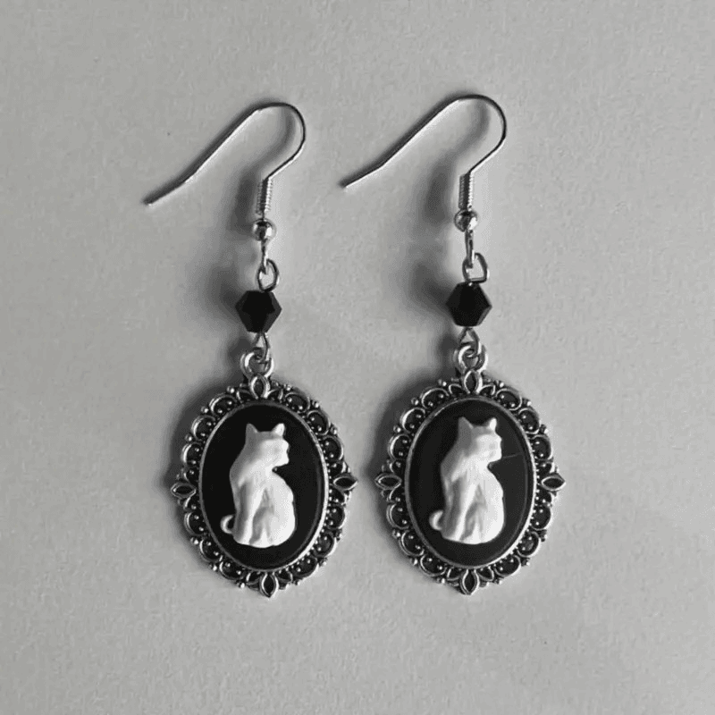 Gothic Black & White Cat Vintage Filigree Cameo Women's Dangle Earrings - Le Joyau Store - beaded,black,vintage -