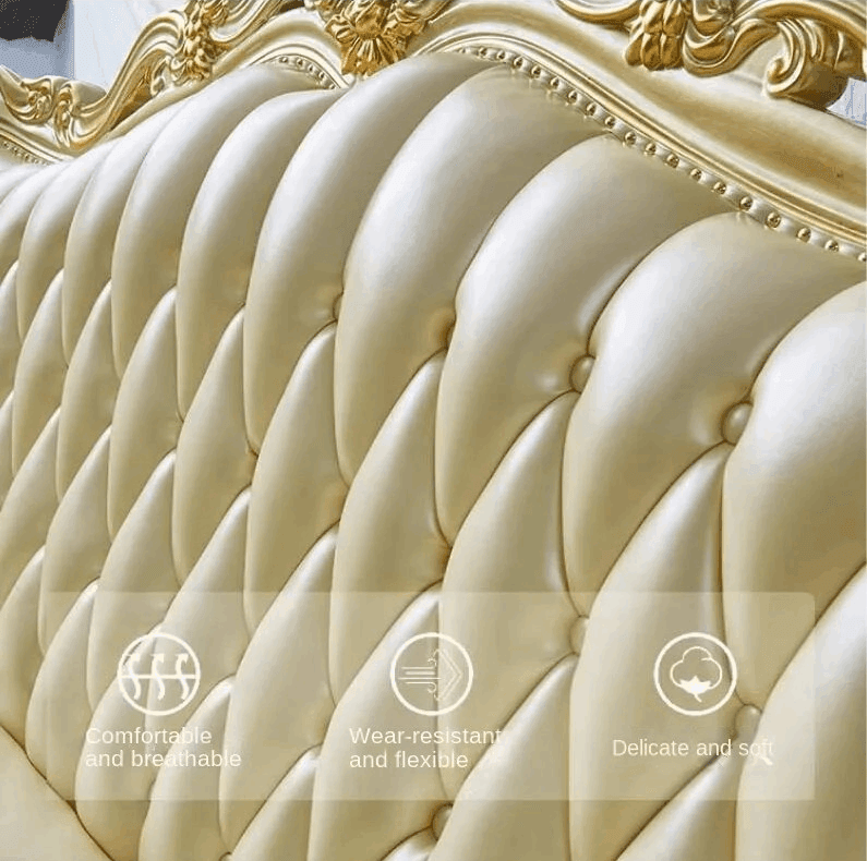 Royal European Cream Quilted Leather & Gilded Wooden Golden Living Room Sofa Set - Le Joyau Store - designer,golden,Nordic,reclining,wood - Single Seat