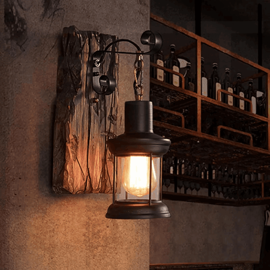Vintage Rustic Wall Sconce Black Iron & Wood Industrial Farmhouse Light Fixture - Le Joyau Store - Antique,Iron,Rustic,Sconce,Wood -