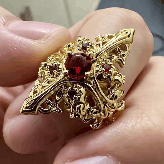 Dark Gothic Filigree Cross Adjustable Statement Ring with Red Crystal - Le Joyau Store - - Silver