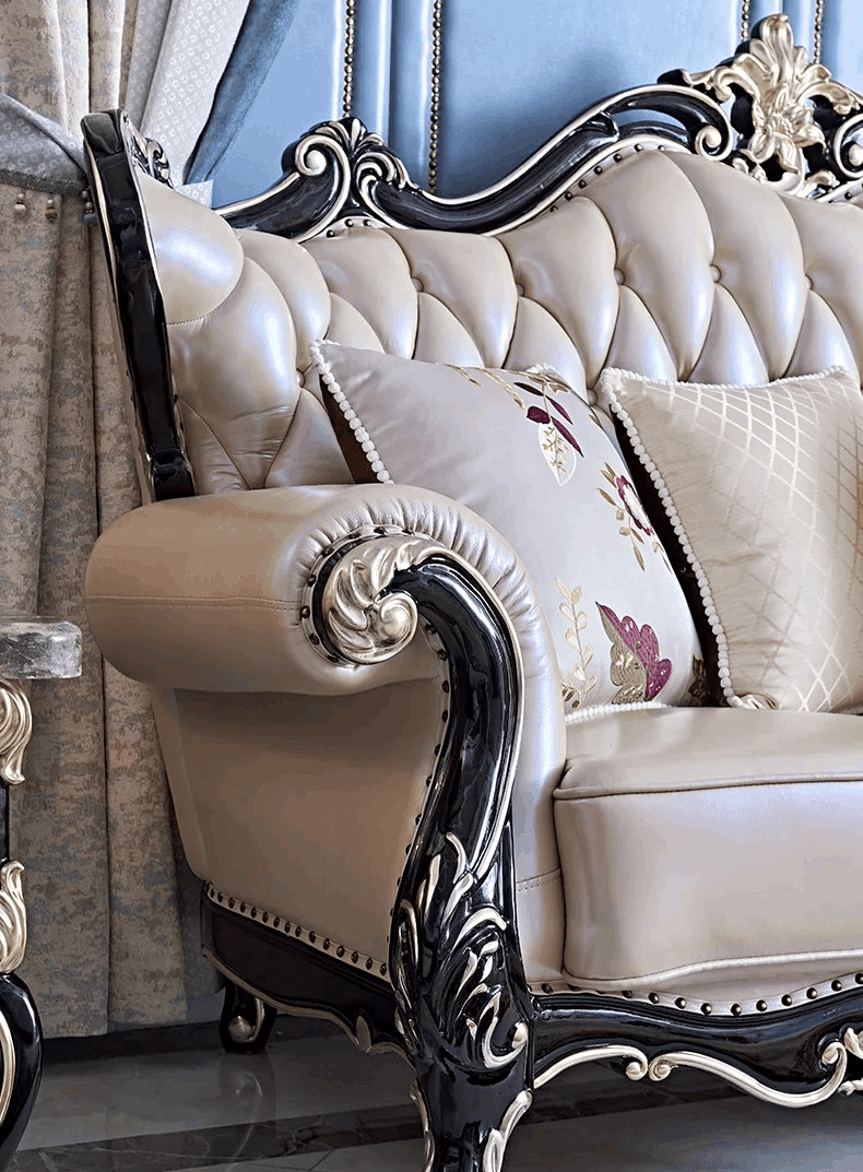 Luxury European Living Room Sofa Sets Royal Quilted Cream & Black Wood Lounge Furniture - Le Joyau Store - - Single Seater