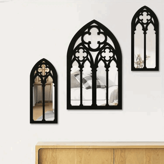 Gothic Black Vintage Victorian Cathedral Arch Frame Wall Decor Mirrors (3 Pcs) - Le Joyau Store - Gothic,Mirror,Vintage,Wooden -