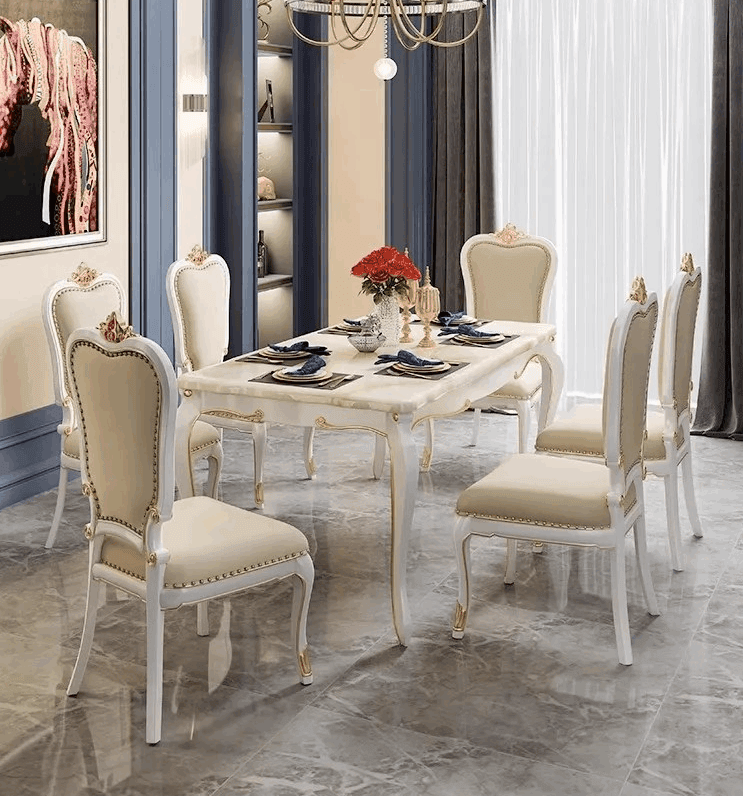 Regal European Gold & White Leather Marble Wooden Dining Table & Chairs - Le Joyau Store - Event,Gold,Luxury,Marble,Wood - Dining Chair (2pcs)