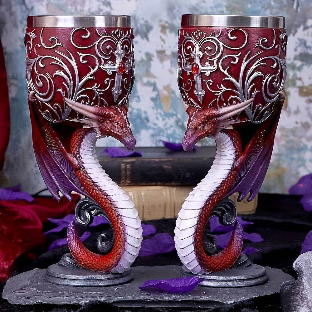Medieval Creatures Gothic Dragon, Wolf, Black Cat Shaped Wine Glass Goblet - Le Joyau Store - Black Cat,Dragon,Etched,Stainless - Red Dragon