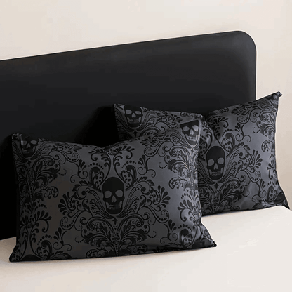 Gothic Dark Gray Skull & Filigree Victorian Baroque Bedding Quilt Set (3Pcs) - Le Joyau Store - black,gothic,gray,polyester,skull - Twin (68.11''*90.16'')