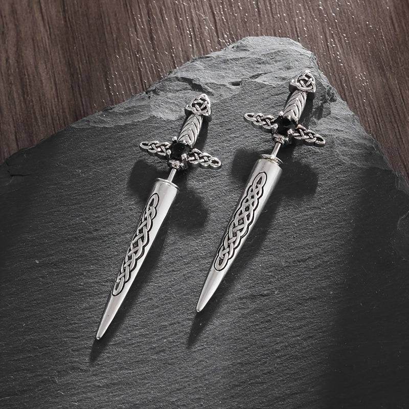 Gothic Celtic Knot Medieval Sword Earrings with Black Zircon – Vintage Punk Dagger Drop Earrings - Le Joyau Store - Black,Celtic,Copper,Punk,Vintage - 