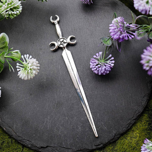 Vintage Triple Moon Goddess Witches Star & Moon Sword Antique Hairpin - Le Joyau Store - gothic,hairpin,metal,vintage,witch - 