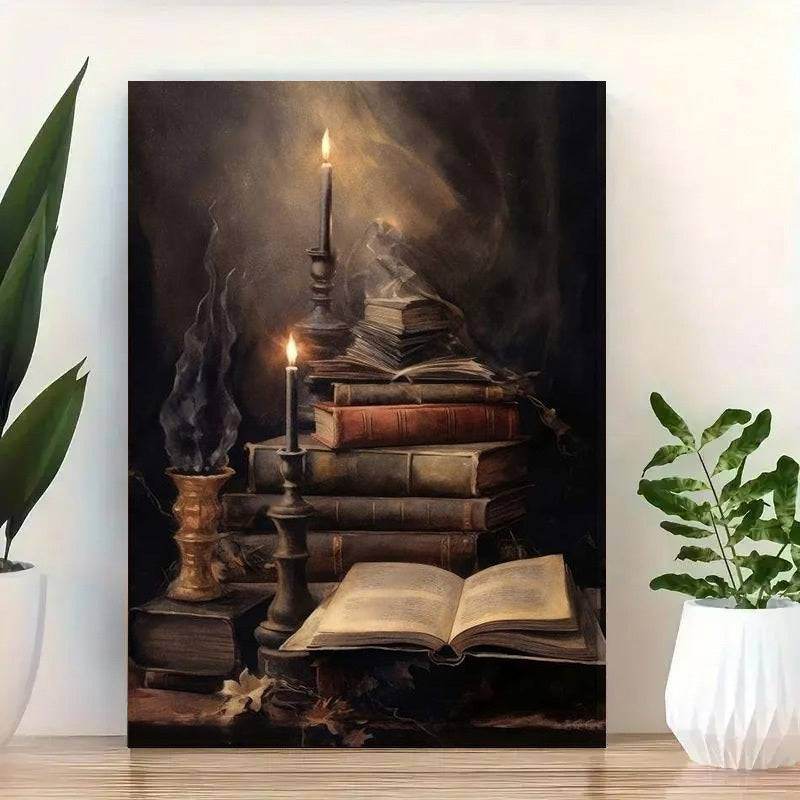 Vintage Candlelit Book Tower Antique Gothic Reading Framed Back Canvas Art Print - Le Joyau Store - gothic,readers,reading,wood - 8x10in (20x25cm) Quality Framed