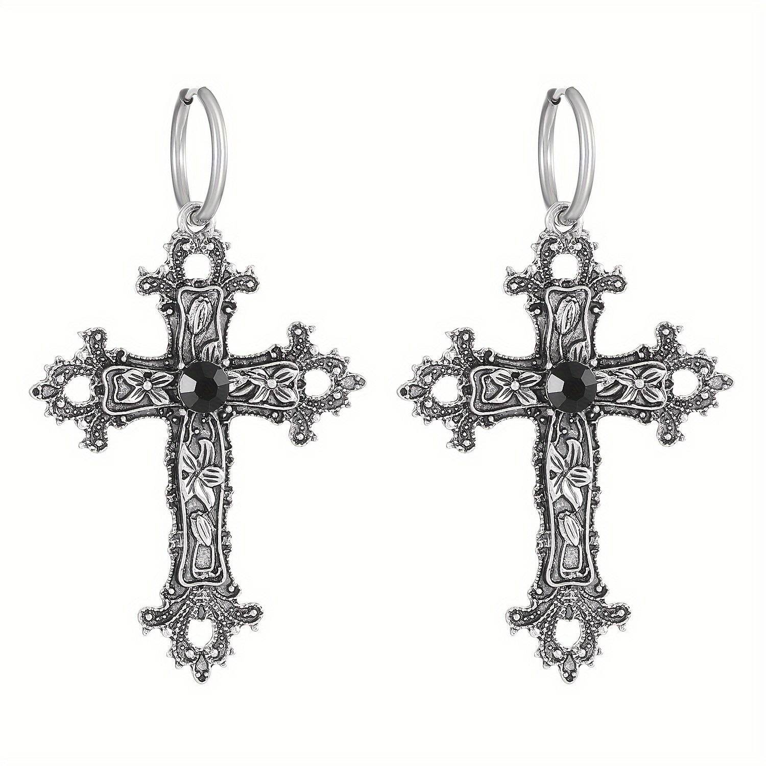 Vintage Gothic Religious Silver Filigree Cross Unisex Hoop Earrings with Black Accents - Le Joyau Store - alloy,black,filigree,hip hop,vintage - 