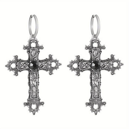 Vintage Gothic Religious Silver Filigree Cross Unisex Hoop Earrings with Black Accents - Le Joyau Store - alloy,black,filigree,hip hop,vintage - 