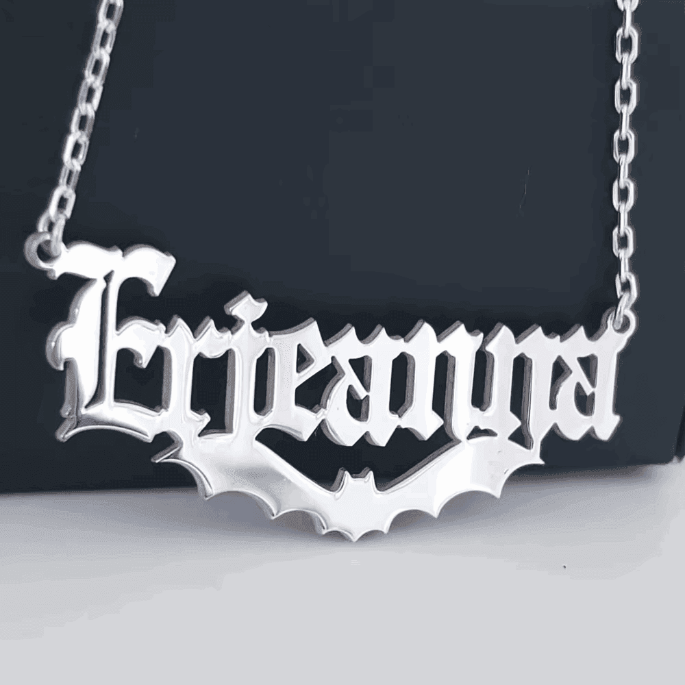 925 Sterling Silver 18K Plated Personalized Gothic Bat Name Necklace - Custom Old English Font - Le Joyau Store - bat lovers,name plate necklace - Gold / 16 inches
