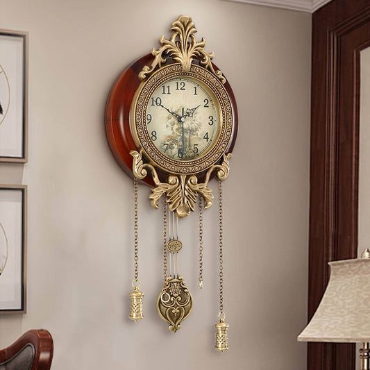 Antique Brown & Engraved Gold Vintage Baroque Wooden Wall Clock with Swinging Pendulum - Le Joyau Store - AA Battery,Retro,Round,Silent,Wooden - 