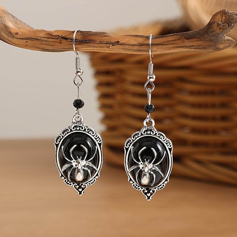 Vintage Gothic Bat Earrings – Victorian Black Stone & Silver Dangle Cameo Earrings - Le Joyau Store - Drop,Gothic,Halloween,Silvery,Vintage - Bat