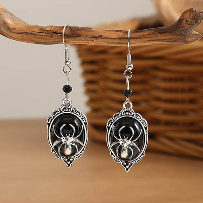 Vintage Gothic Bat Earrings – Victorian Black Stone & Silver Dangle Cameo Earrings - Le Joyau Store - Drop,Gothic,Halloween,Silvery,Vintage - Bat