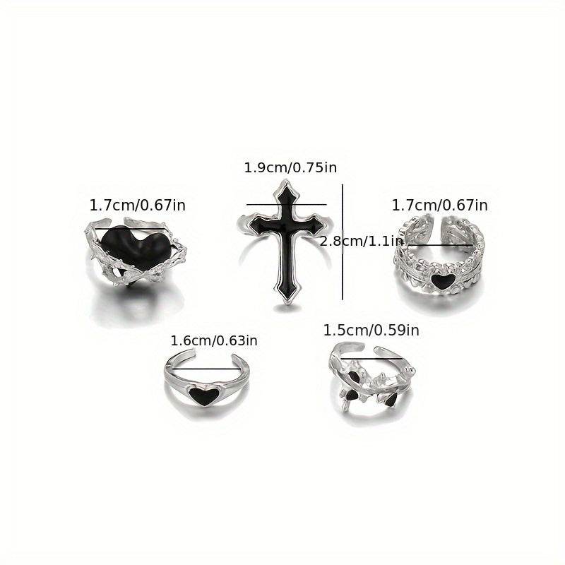 Gothic Punk Rock Black & Silver Adjustable Ring Set (5pcs) - Le Joyau Store - Alloy,Gothic,Heart,Punk,Vintage - 