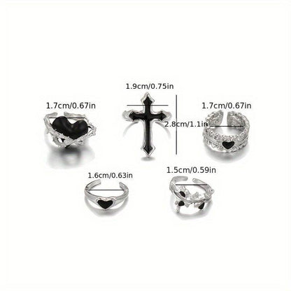 Gothic Punk Rock Black & Silver Adjustable Ring Set (5pcs) - Le Joyau Store - Alloy,Gothic,Heart,Punk,Vintage - 
