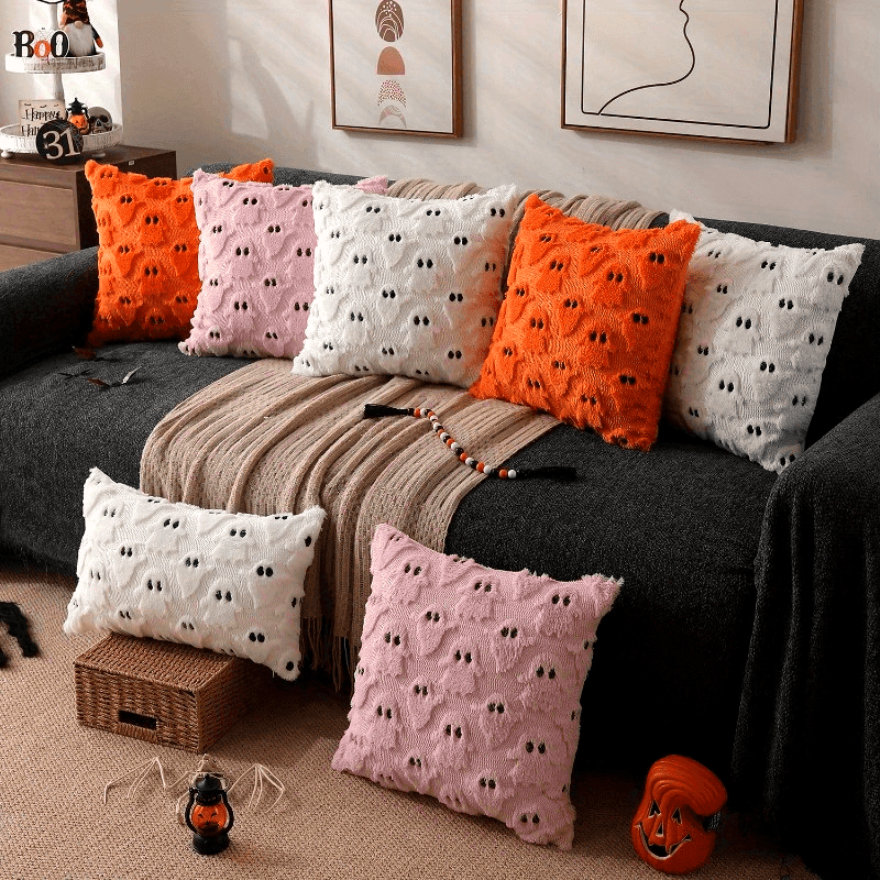 Halloween Ghost Throw Pillow Cover - 18x18 Inch White Cotton Plush Cushion Case (Set of 2) - Le Joyau Store - cushion cover,halloween decor,pillowcase,white - 