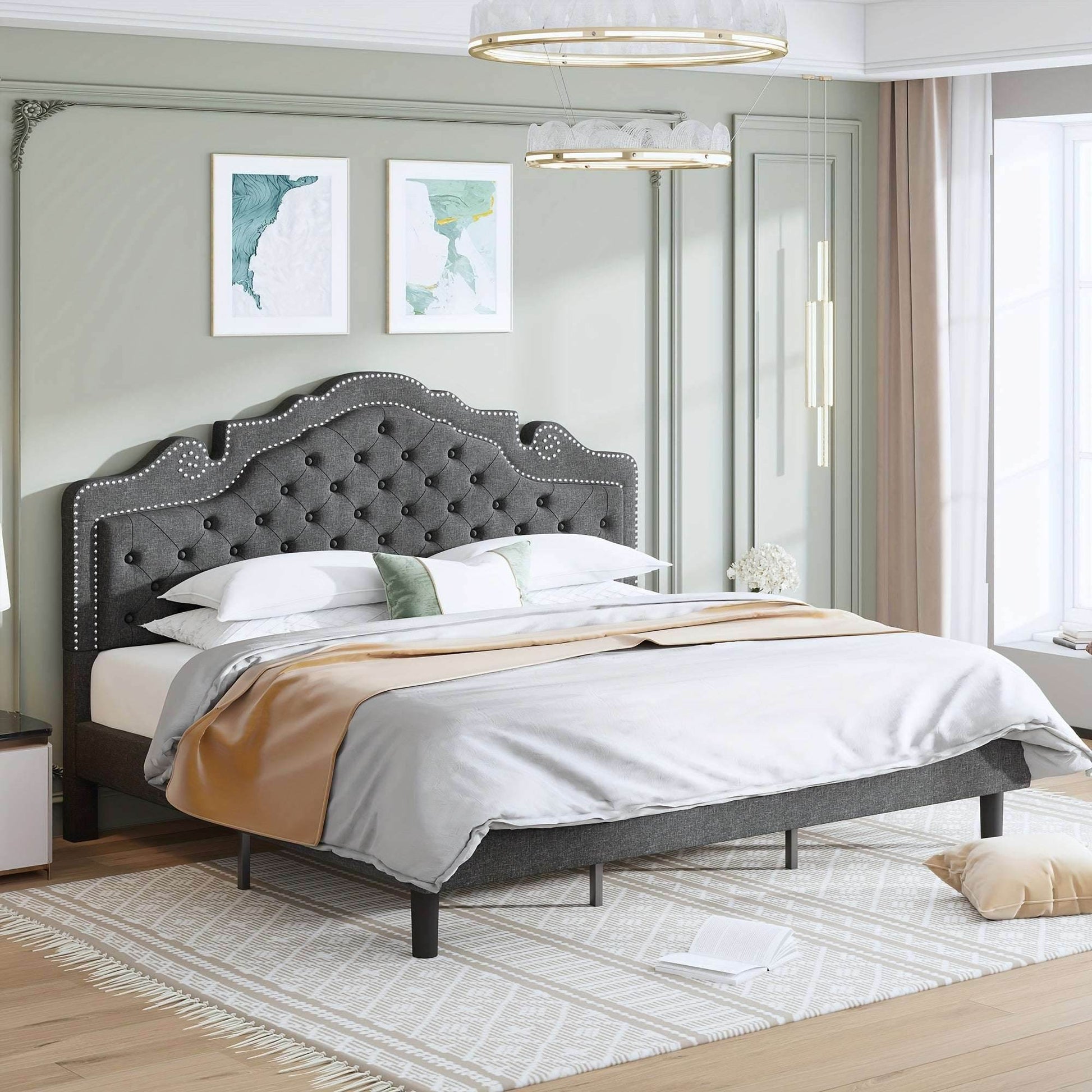 Luxury Black Velvet Upholstered Diamond Buttoned Tufted Tiara Headboard Bedframe - Le Joyau Store - Black,King,Queen,Tufted,Velvet - Full / Black