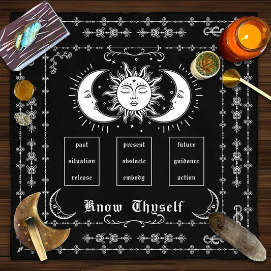 Know Thyself Crescent Moons & Sun Tarot Cloth Witches Mat for Readings & Altar Decor - Le Joyau Store - astrology,black,fabric,tarot,witchy - 19.29 x 19.29 inch