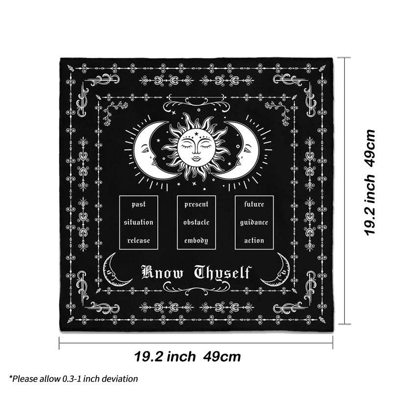 Know Thyself Crescent Moons & Sun Tarot Cloth Witches Mat for Readings & Altar Decor - Le Joyau Store - astrology,black,fabric,tarot,witchy - 19.29 x 19.29 inch