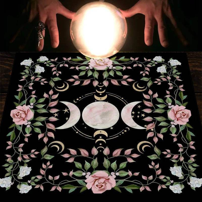 Floral Rose Triple Moon Goddess Witchcraft Altar Tarot Cloth Mat for Card Readings - Le Joyau Store - altar cloth,cottage core,moon decor,polyester,ritual mat - 19.29 x 19.29 inch