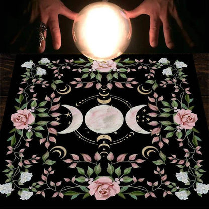 Floral Rose Triple Moon Goddess Witchcraft Altar Tarot Cloth Mat for Card Readings - Le Joyau Store - altar cloth,cottage core,moon decor,polyester,ritual mat - 19.29 x 19.29 inch