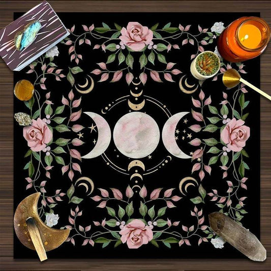 Floral Rose Triple Moon Goddess Witchcraft Altar Tarot Cloth Mat for Card Readings - Le Joyau Store - altar cloth,cottage core,moon decor,polyester,ritual mat - 19.29 x 19.29 inch