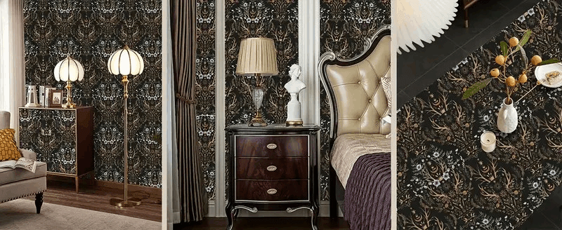 Gothic Mystical Forest Stag Antlers & Woodland Flowers Self Adhesive Wallpaper - Le Joyau Store - Black,Flowers,Removable,Retro,Vinyl - 17.7x118 inches