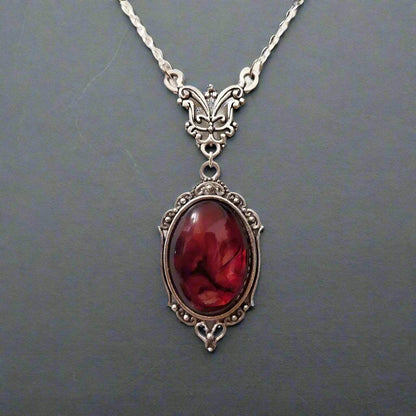 Victorian Gothic Red Oval Bloodstone & Ornate Silver Vampire Cameo Pendant Necklace - Le Joyau Store - Gothic,Pendant,Red,Vintage - 