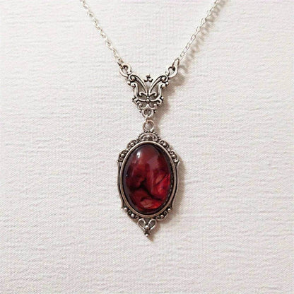 Victorian Gothic Red Oval Bloodstone & Ornate Silver Vampire Cameo Pendant Necklace - Le Joyau Store - Gothic,Pendant,Red,Vintage - 
