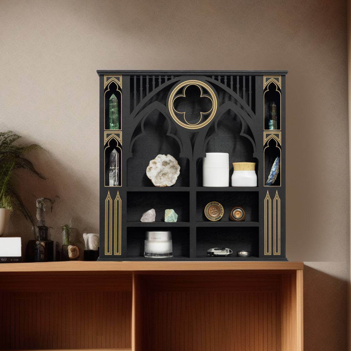 Black & Gold Multi-Tiered Gothic Cathedral Window Wooden Display Shelf Rack - Le Joyau Store - black wood,home decor,multi-tier,vintage - 