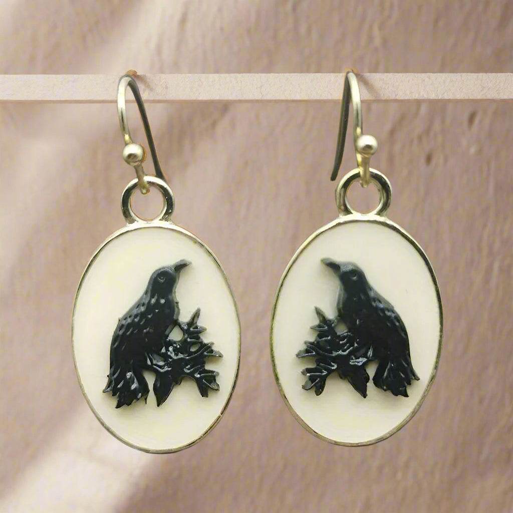 Retro Vintage Raven & Branch Silhouette Cream Cameo Dangle Earrings - Le Joyau Store - black,dangle,gothic,oval,vintage - 