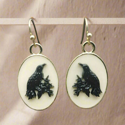 Retro Vintage Raven & Branch Silhouette Cream Cameo Dangle Earrings - Le Joyau Store - black,dangle,gothic,oval,vintage - 