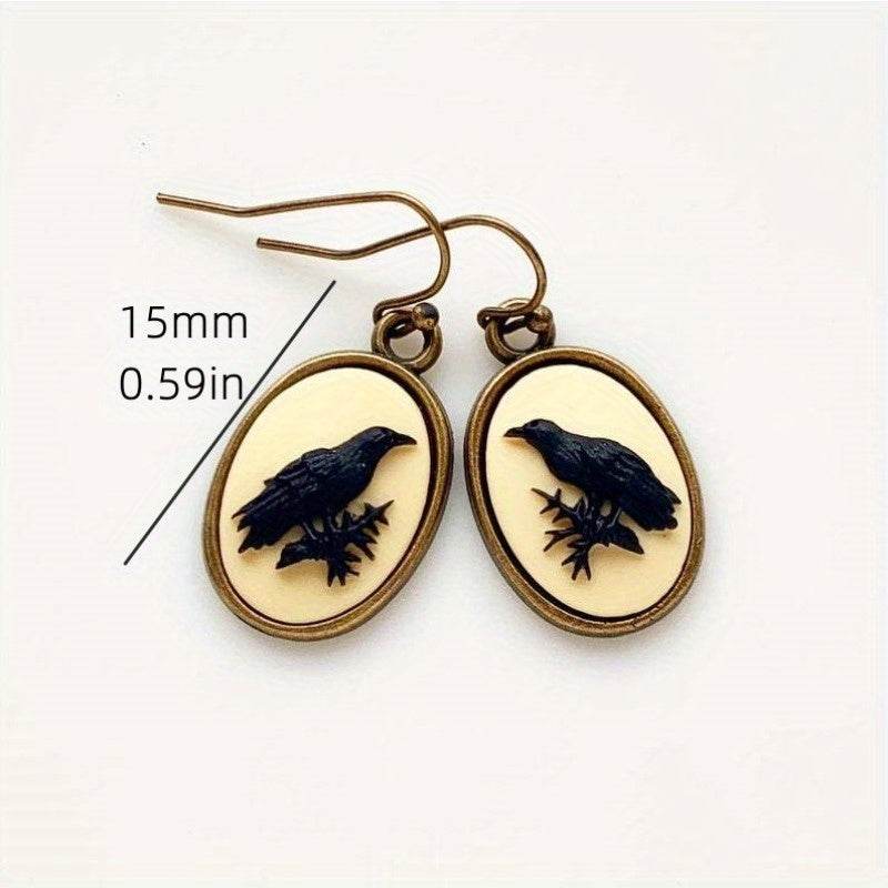 Retro Vintage Raven & Branch Silhouette Cream Cameo Dangle Earrings - Le Joyau Store - black,dangle,gothic,oval,vintage - 
