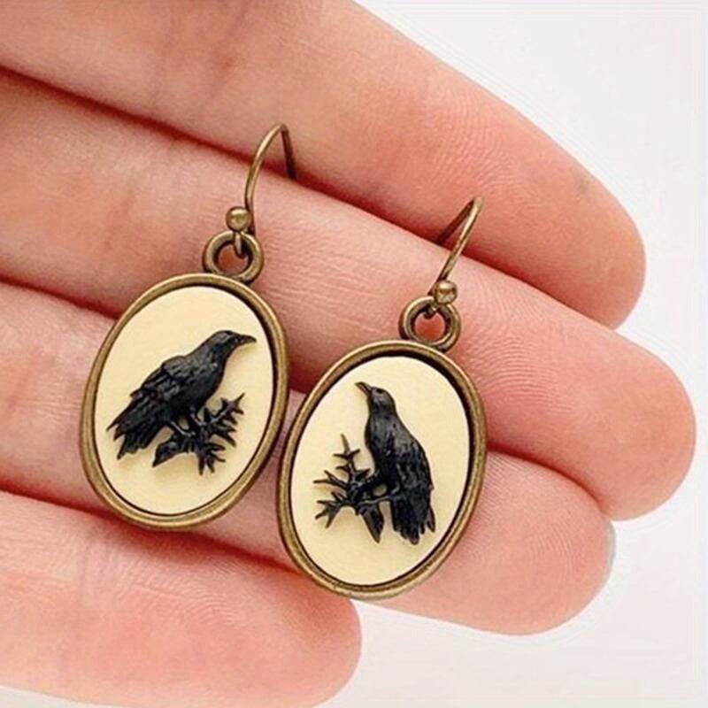 Retro Vintage Raven & Branch Silhouette Cream Cameo Dangle Earrings - Le Joyau Store - black,dangle,gothic,oval,vintage - 