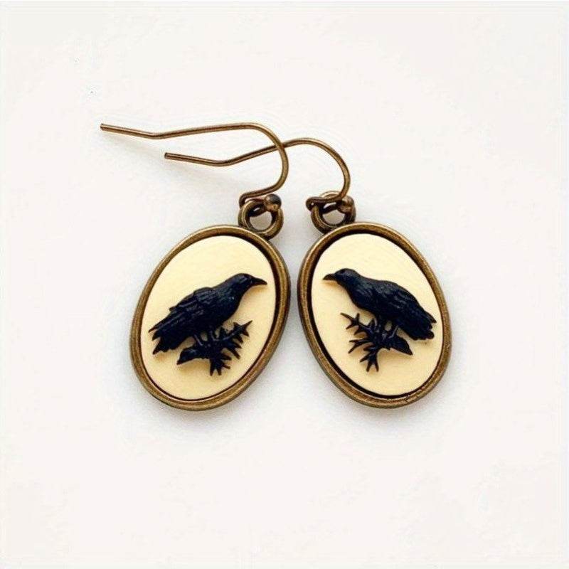 Retro Vintage Raven & Branch Silhouette Cream Cameo Dangle Earrings - Le Joyau Store - black,dangle,gothic,oval,vintage - 