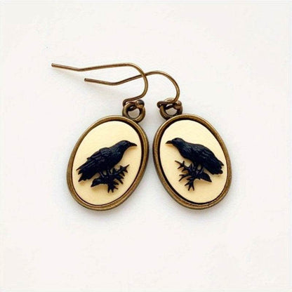 Retro Vintage Raven & Branch Silhouette Cream Cameo Dangle Earrings - Le Joyau Store - black,dangle,gothic,oval,vintage - 